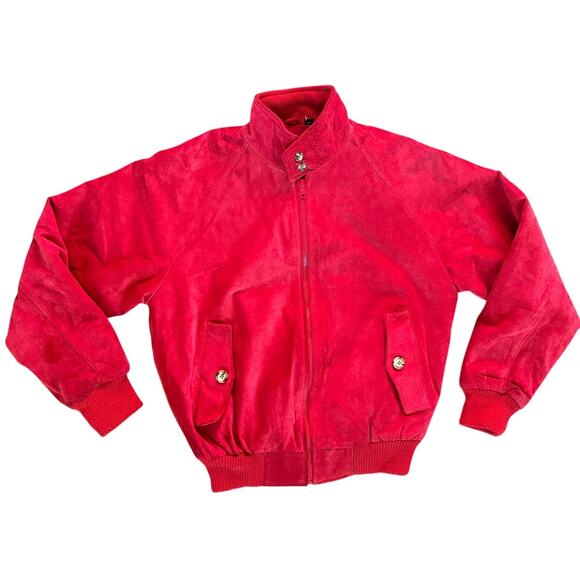 Vintage Suede Bomber Jacket Collar Retro 90's Beautiful Red Leather Bass Pro - Picture 1 of 12
